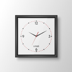 Vector 3d Realistic Square Wall Office Clock with Black Frame, Design Template Isolated on White. Dial with Roman Numerals. Mock-up of Wall Clock for Branding and Advertise Isolated. Clock Face Design