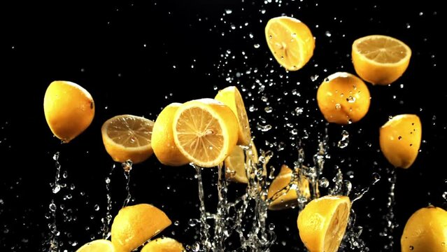Pieces of juicy lemons with splashes of water fly up and fall down. On a black background. Filmed is slow motion 1000 fps.