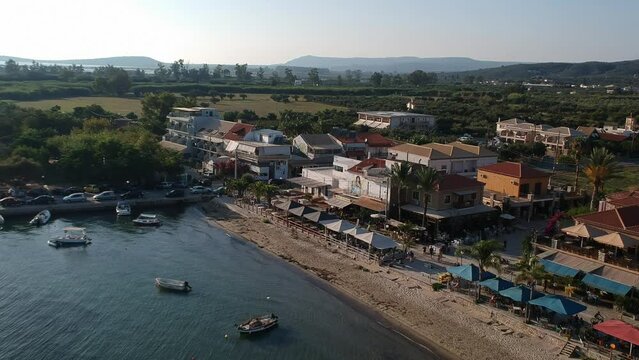 Panoramic aerial view over Gialova seaside city in Navarino bay. It is one of the best touristic places located in Messenia, Greece.