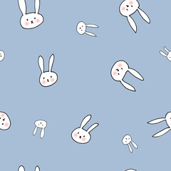 Cute white bunny characters - seamless pattern with animals on light blue background