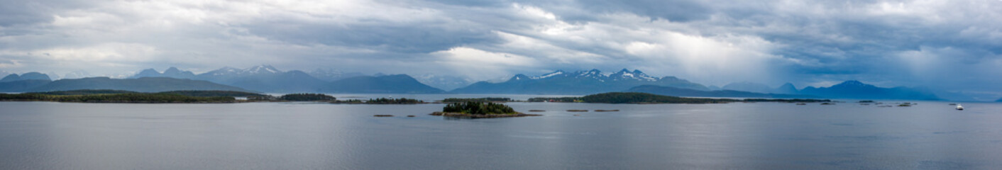 Fototapeta na wymiar Panorama view of the landscape near Molde Møre og Romsdal at Sunnylvsfjorden near Geirangerfjorden in Norway (Norwegen, Norge or Noreg)