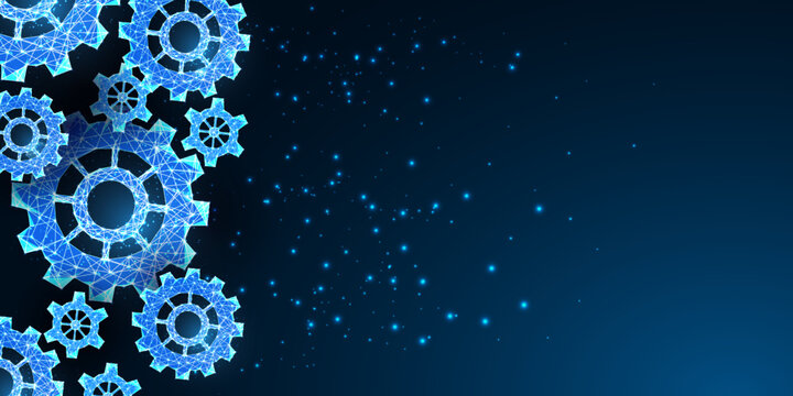 Gears, cog wheels futuristic concept banner with cope space for text on dark blue background. 