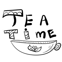 Title tea time. Black vector lettering. Text icon on white background.