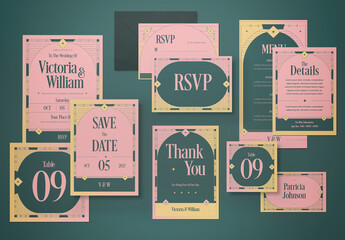 Wedding Invitation Suite Pink Modern Art Deco Set Layout