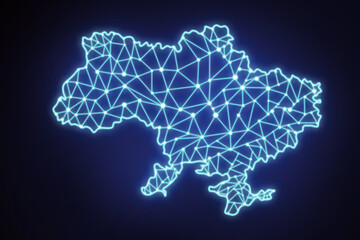 The contour of the borders of the territory of Ukraine with neon light on a dark background. Abstract blue neon map of Ukraine