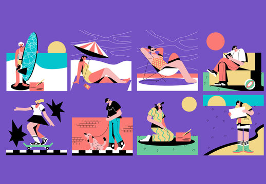Purple Flat Summer Vacancy Illustration Full Set
