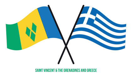 Saint Vincent & the Grenadines and Greece Flags Crossed And Waving Flat Style. Official Proportion.
