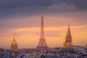 Eiffel tower view from Montparnasse at sunset from above, Paris, France