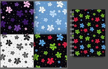 Flowers seamless patterns set. Vector repeating floral backgrounds set with colorful flowers. Notebook cover template