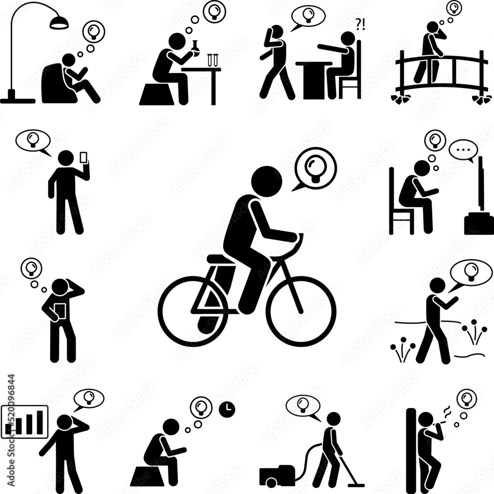 Poster man have idea on bicycle icon in a collection with other items