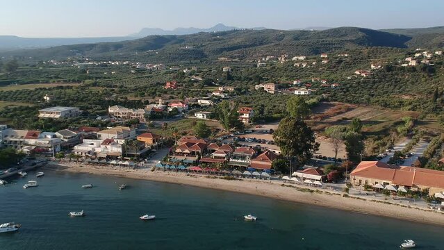 Panoramic aerial view over Gialova seaside city in Navarino bay. It is one of the best touristic places located in Messenia, Greece.