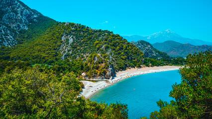 View of Cirali beach and Olimpos (Olympos) mountain in a sunset light. Kemer, Antalya, Mediterranean region, Turkey, Lycia.