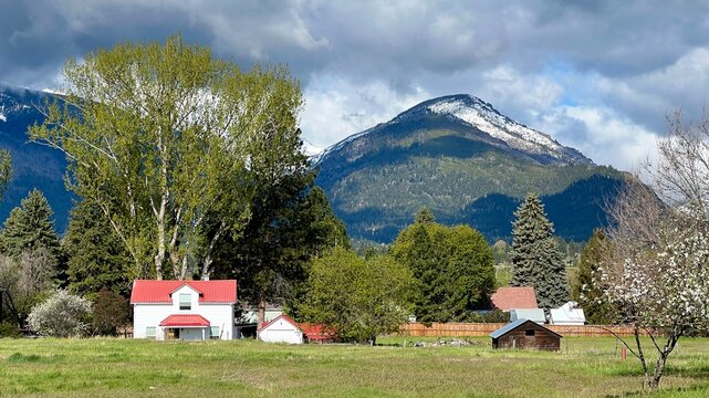 HAMILTON, MT, MAY 2022: white house with red roof and nearby hut, grassland, trees, and heavy clouds over mountains in background