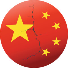 vector icon with the Chinese flag and a crack as a symbol of the crisis in China
