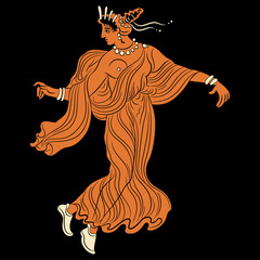 Ancient Greek woman or goddess dancing or flying. Vase painting style. On black background. © Olena