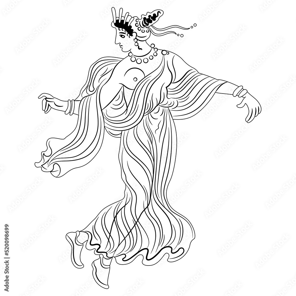 Wall mural ancient greek woman or goddess dancing or flying. vase painting style. black and white linear silhou