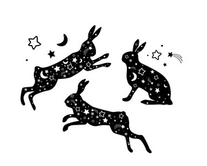 Silhouettes of dream hares with stars, moon. Rabbits jump, sit. Vector graphics.
