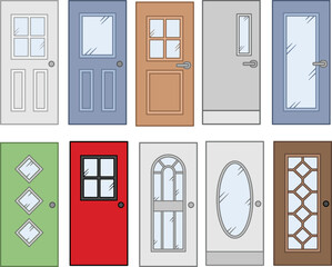 Exterior Front Door with Glass Windows Clipart Set - Colored