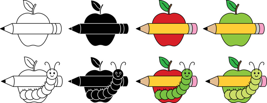 School Apple and Pencil Label Clipart Set - Outline, Silhouette and Color