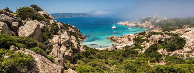 Obraz premium Panoramic view of Cala Napoletana on the island of Caprera, located in the La Maddalena archipelago national park, Costa Smeralda, Olbia-Tempio -Sardinia