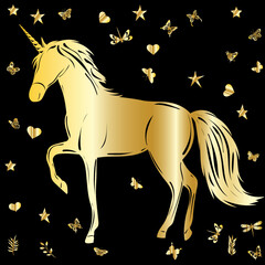 Obraz na płótnie Canvas silhouette unicorn golden on black background isolated