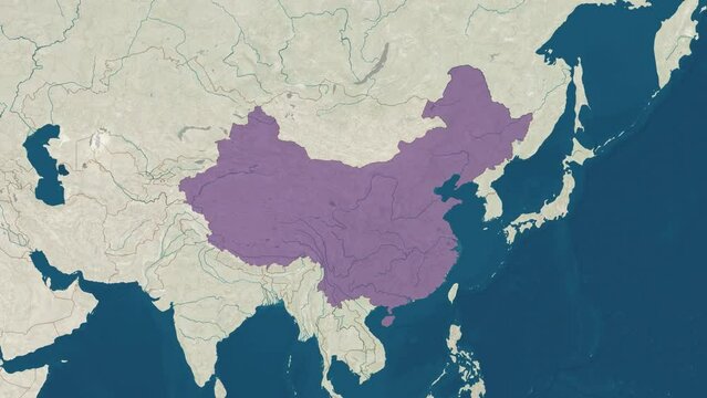 Zoom in to the map of China with text, textless, and with flag