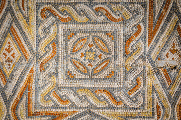 Ancient roman pavement mosaic from the portuguese archaeological place of Villa Cardillium located...