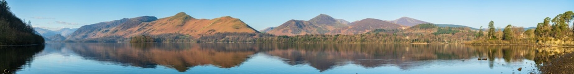 Derwentwater lake panorama with reflections in Lake District, Cumbria. England