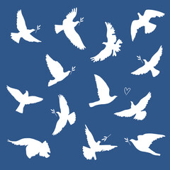 Flying birds silhouettes set vector illustrations. Doves of peace silhouettes