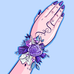 The hand of a bridesmand having a blue and violet floral corsage on her wrist. Wedding conceptual art with flowers, ribbons, leaves and summer berries. Manicure with an unique ring.