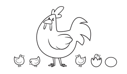 Chicken and chicks BW vector farm animal mom and baby egg