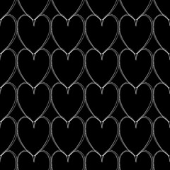 Fototapeta premium Endless pattern of hand drawn white thin intersecting hearts on a black square background