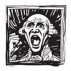 Woodcut vector illustration of frustrated and  screaming George Washington