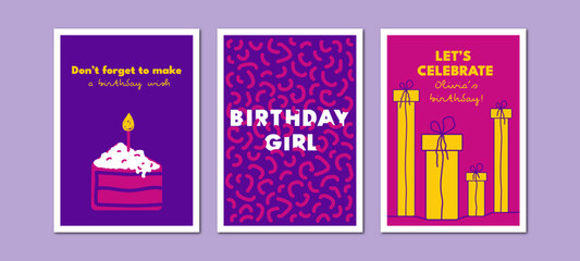 Vector birthday postcards with wishes on the pink and purple background 