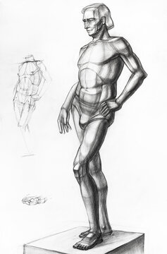 Sketch And Drawing Of Man Standing On Podium Hand-drawn By Black Pencil On White Paper