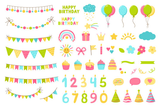 Set of vector birthday party elements. Cute collection of balloons, flags, cake, gift boxes, cupcakes, garlands and hats. Birthday greeting party elements