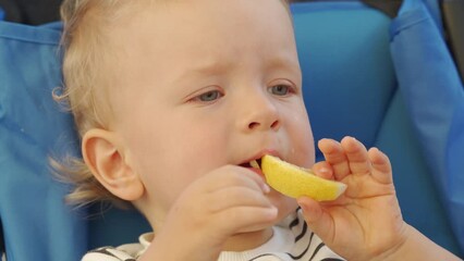 Baby boy eating lemon for the first time and pulling silly faces. Funny child trying lemons for the first time.