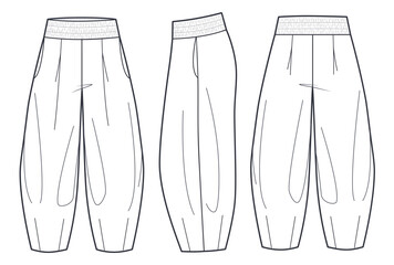 Linen Pants Balloon fashion flat technical drawing template.  Harem pants, elastic waistband, owersize, pockets, women, men, unisex, front, back, side view, white, CAD mockup.