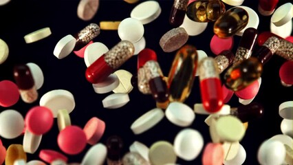 Different types of pills in flight. On a black background. Filmed on a high-speed camera at 1000 fps.