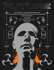 Retro futuristic poster with human head . Abstract horror print with noise, for streetwear, print for t-shirts and sweatshirts on a black background