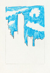 outline sketch of Guangzhou city skyline China under blue sky with white clouds in hand-drawn with black pen and color pencils on old white textured paper