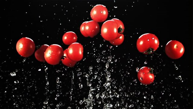 Fresh tomatoes with drops of water rise and fall. On a black background. Filmed is slow motion 1000 fps.