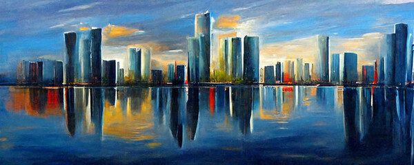 Skyline city view with reflections on water oil painting