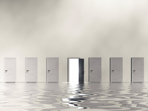 Sinigle open doo remits light  in huge white wall in white space