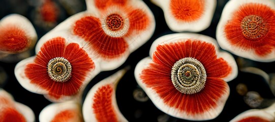 Beautiful alternative decorative rock art. Fossilized autumn red and ammonite orange tones of fall mixed with abstract flower swirls and agate stone lines. Modern art from prehistoric times. 