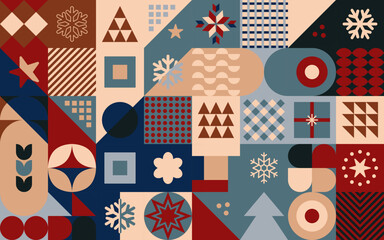 Geometryczna świąteczna kompozycja - kolorowa mozaika z gwiazdkami, choinkami i płatkami śniegu na Boże Narodzenie. Powtarzający się wzór w stylu neo geo do zastosowania jako tło do projektów.