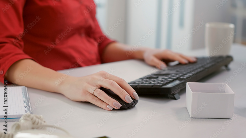 Poster financial analyst using marketing statistics on computer to plan development strategy with charts an
