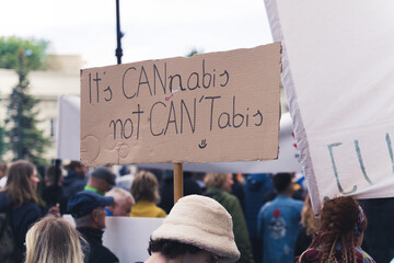 It's CAN-nabis, not CAN'Tabis. Funny wordplay cardboard poster of one of the pro-marijuana...