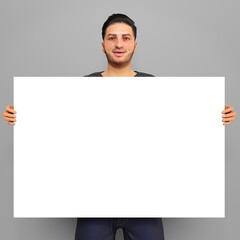 man holding 24 x 36 canvas blank copy space selling art photo enlargement 3D illustration