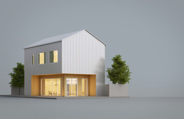 Modern house exterior with white metal sheet and wood isolated on gray background.3d rendering